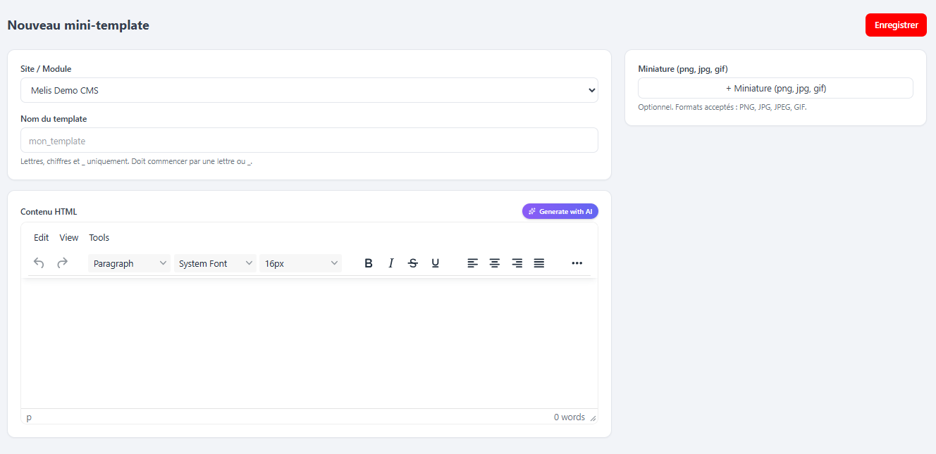 The Add mini-template form — Generate with AI next to the HTML field