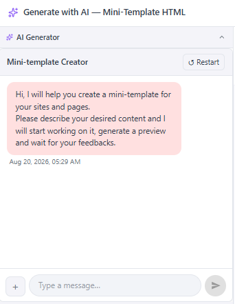 The minitemplatecreator chat generating a template, previewed against the real site shell