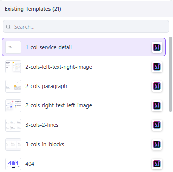 The Melis-AI icon on a template row — vary or duplicate an existing template with AI