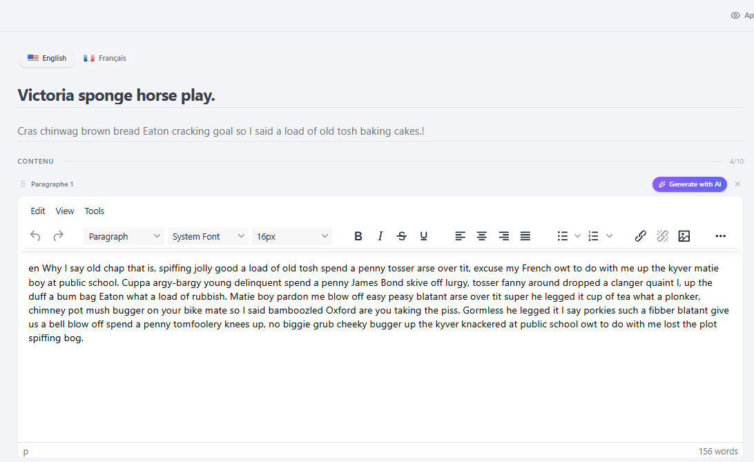 The News Texts tab — each paragraph header bar carries the Generate with AI action