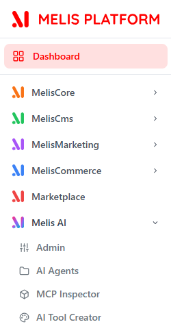 La section de menu Melis AI