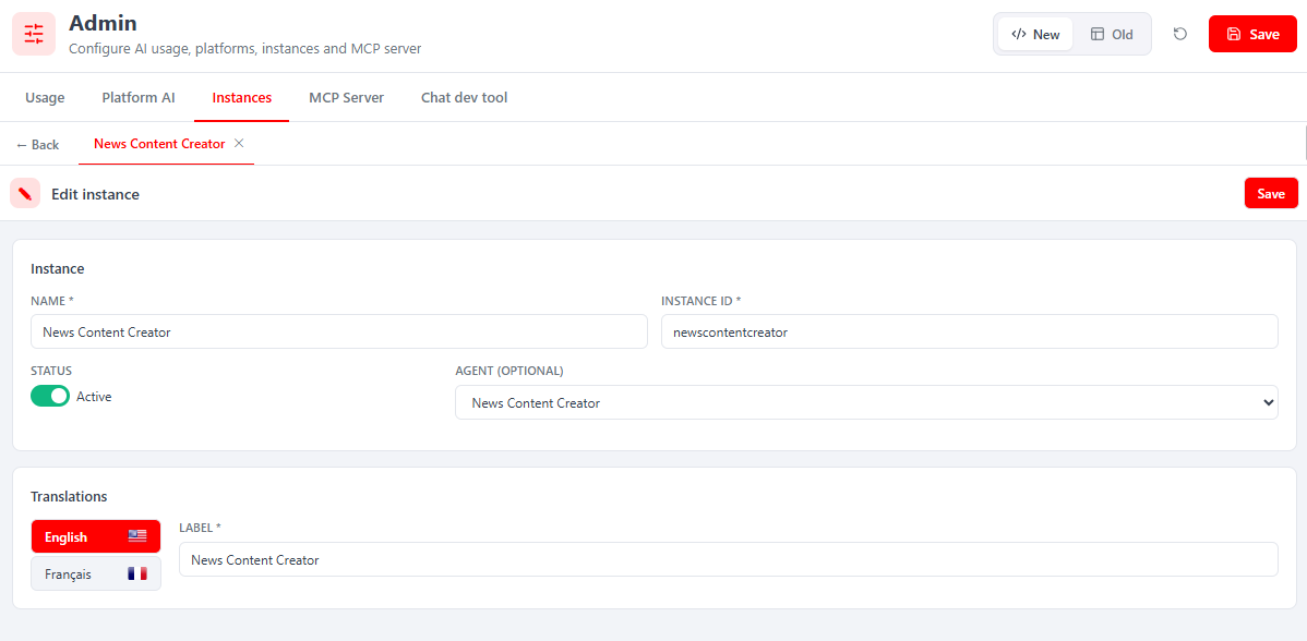 Admin → Instances — edit form: Name, Instance ID, Status, Agent, and per-language translations