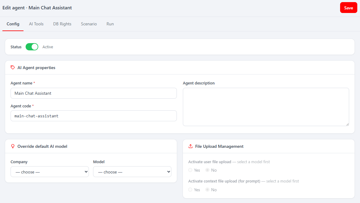 Agent editor → Config tab — Status, agent name/code/description, model override (company + model), and file-upload toggles