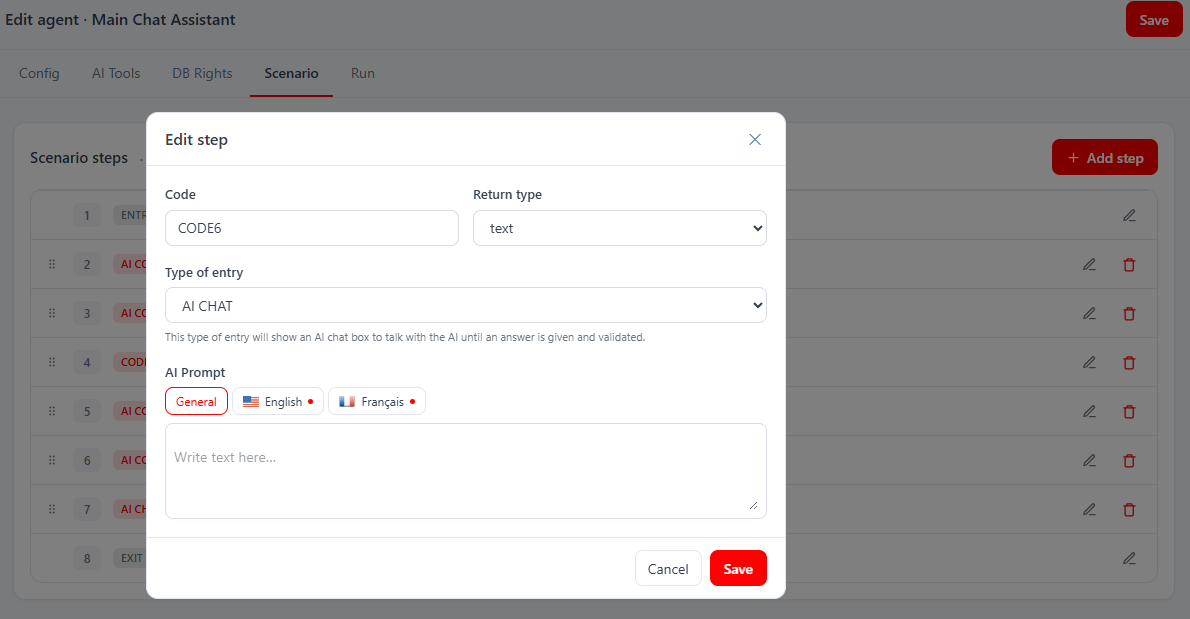 Agent editor → edit-step modal — Code, Return type, Type of entry, and the AI Prompt with General + per-language tabs