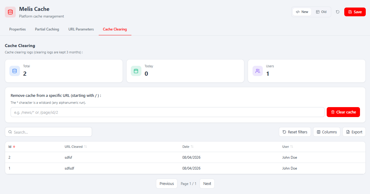 Cache Clearing tab — the clear-by-URL form (URL starting with /, * as a wildcard) with KPI cards (Total / Today / Users) and the clearing-logs audit table (Id, URL Cleared, Date, User) with pagination