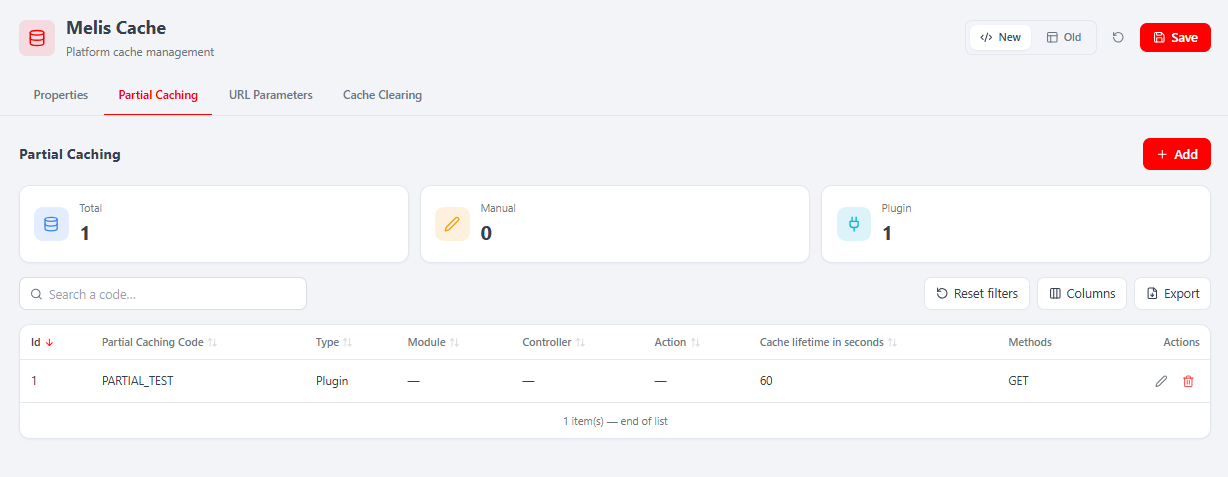 Partial Caching tab — KPI cards (Total / Manual / Plugin), search, Columns manager, Export and + Add above the codes table (Id, Partial Caching Code, Type, Module, Controller, Action, Cache lifetime in seconds, Methods)