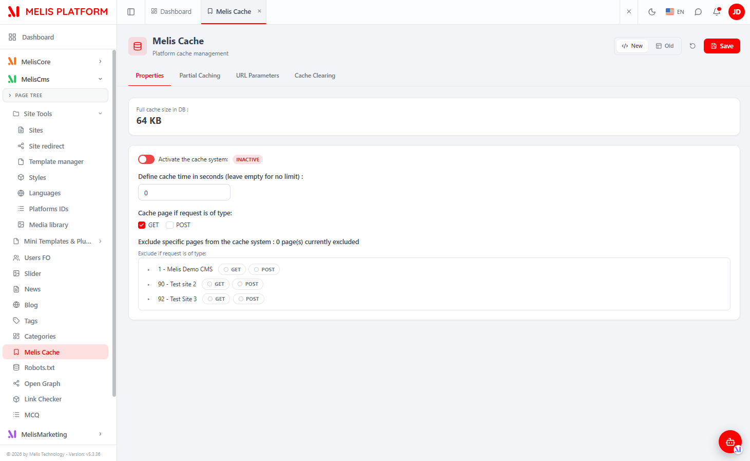 Properties tab — full cache size in DB, the Activate the cache system toggle, cache time in seconds, GET/POST request-type checkboxes and the per-page exclusion tree with GET/POST pills