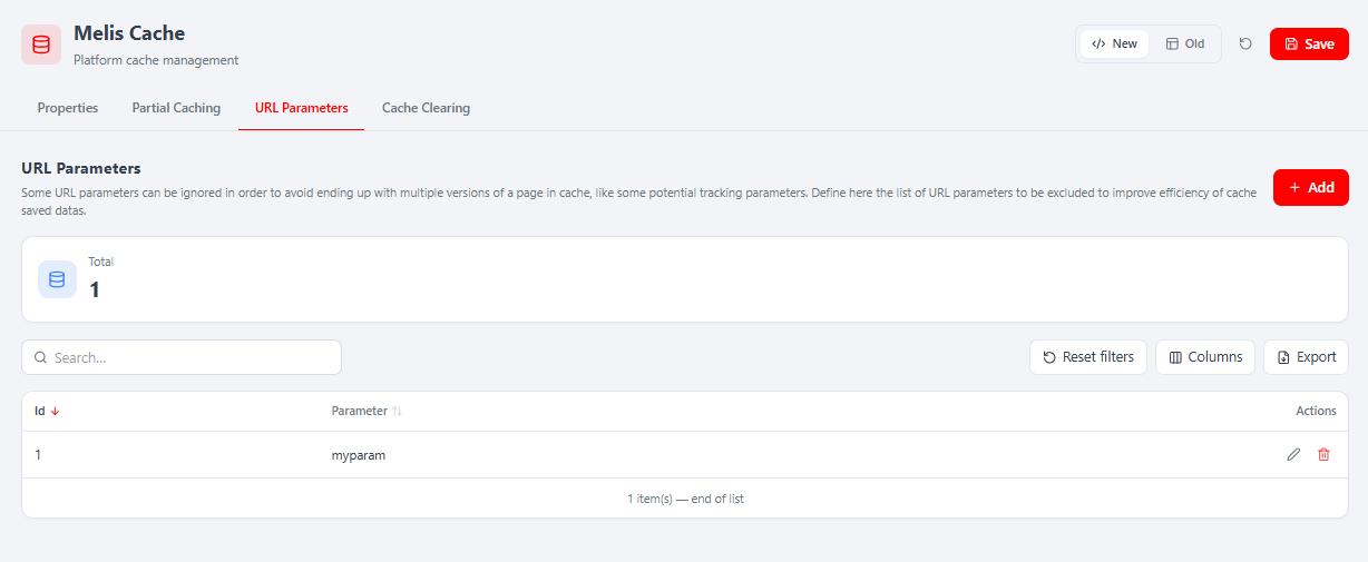 URL Parameters tab — the Total KPI, search, Export and + Add above the ignored query-parameter table (Id, Parameter), used to keep tracking params from fragmenting the cache