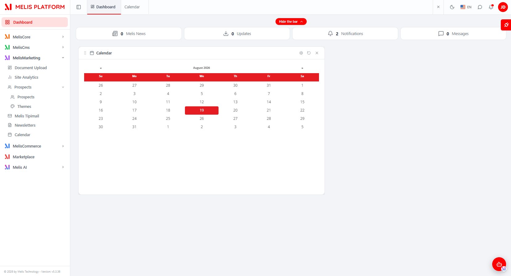 The Calendar widget on the React Dashboard — a compact month grid with today highlighted, plus its gear / refresh / close controls