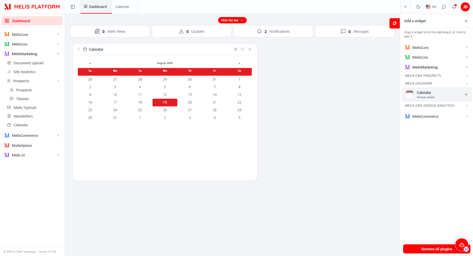 The dashboard "Add a widget" panel — the Calendar widget under the MELIS CALENDAR section
