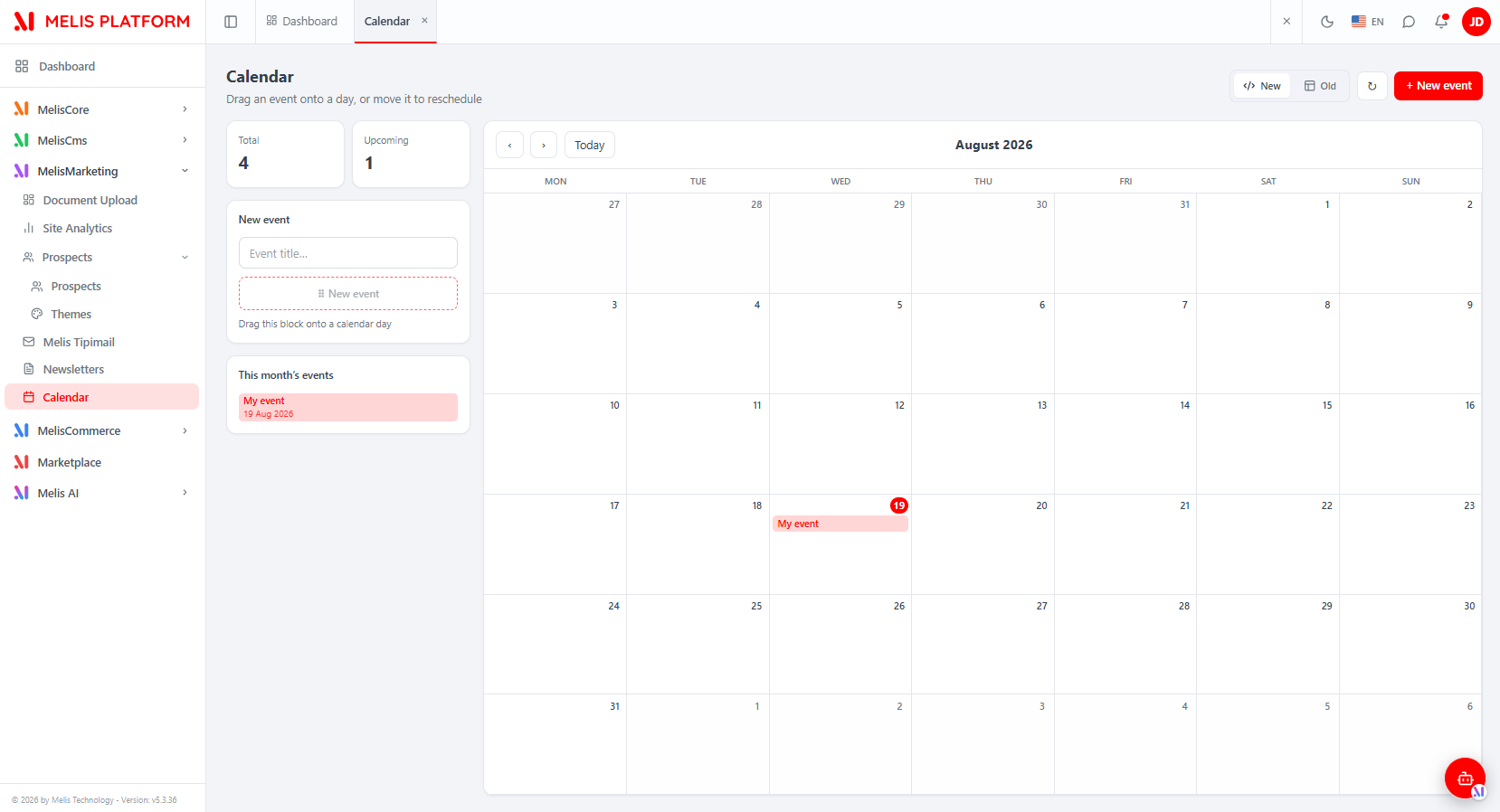 The React Calendar tool: New/Old toggle and "+ New event" (top-right), KPI cards (Total / Upcoming), the "New event" drag block and "This month's events" list (left), and a custom monthly grid with today highlighted