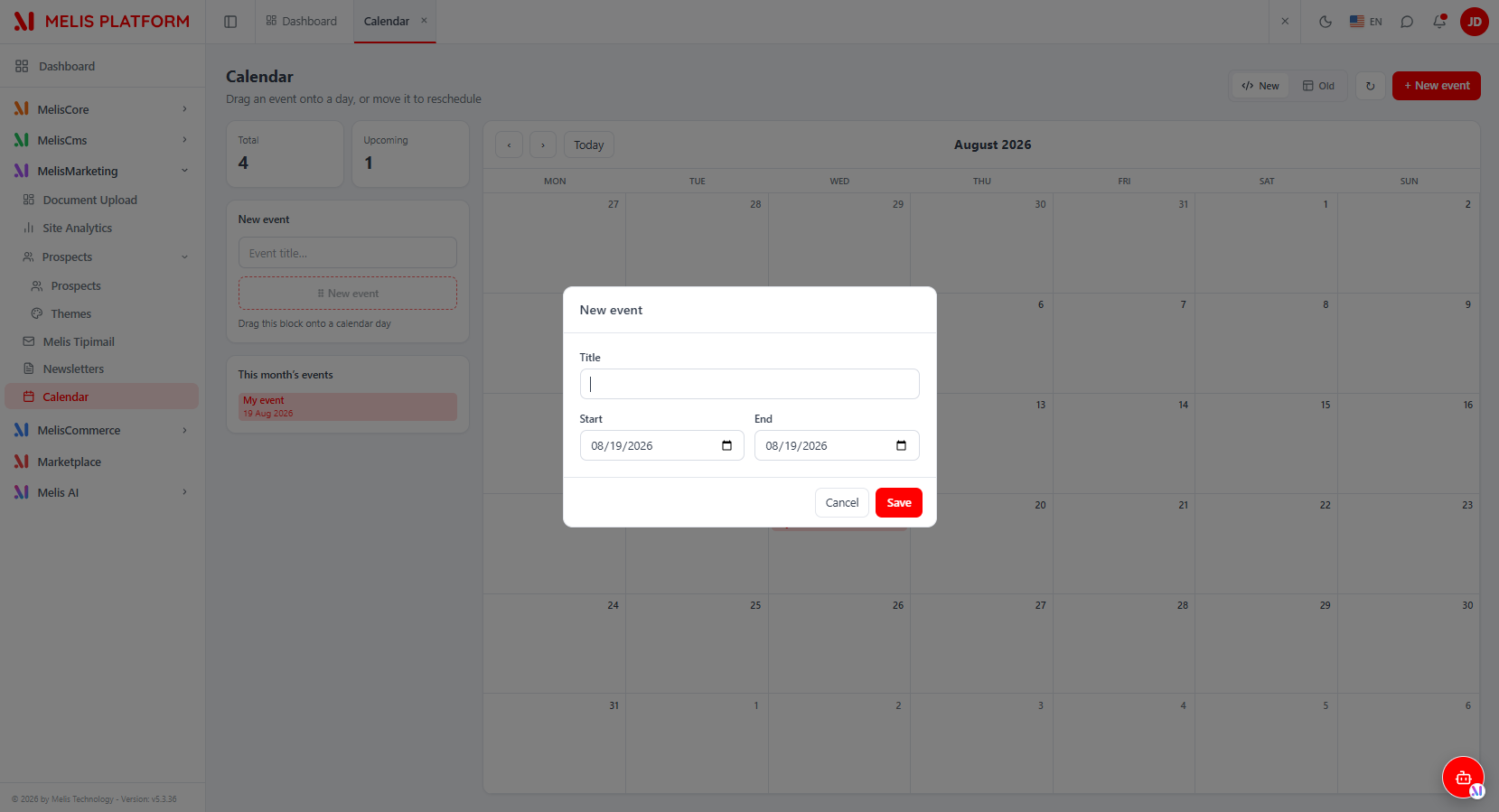 The event modal — Title, Start and End date pickers, Cancel / Save; opening an existing event shows the same modal with a Delete button