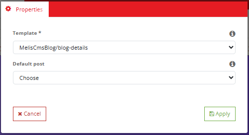 Blog details plugin → Properties — Template MelisCmsBlog/blog-details and a Default post selector