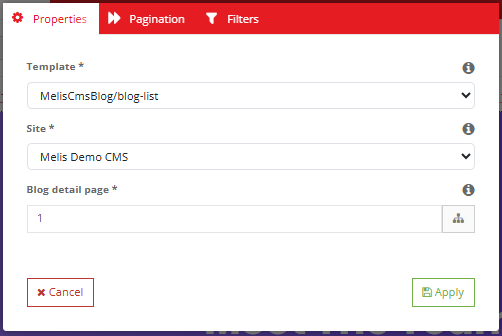 Blog list plugin → Properties — Template MelisCmsBlog/blog-list, Site and Blog detail page