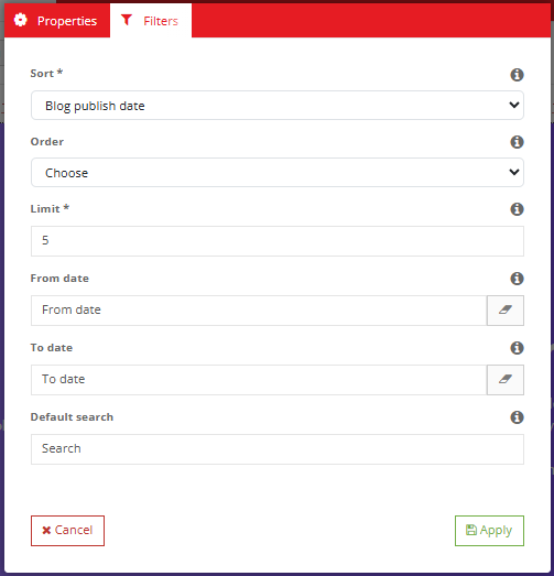Latest blog plugin → Filters — Sort (Blog publish date), Order, Limit, From/To date and Default search
