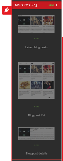 The React page editor with the plugins panel open — the "Melis Cms Blog" group: Latest blog posts, Blog post list, Blog post details