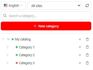 The React tree panel — language dropdown, site filter, refresh, search, + New category, tree with status dots and per-node add/delete