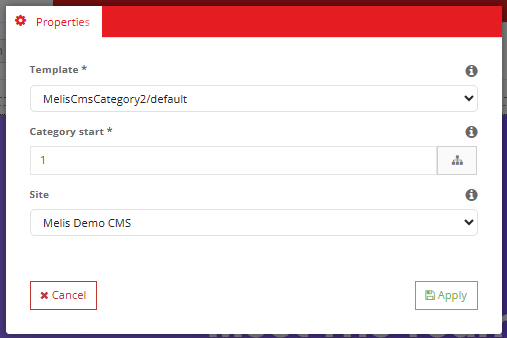 Display Categories plugin settings — Template, Category start (tree picker), Site