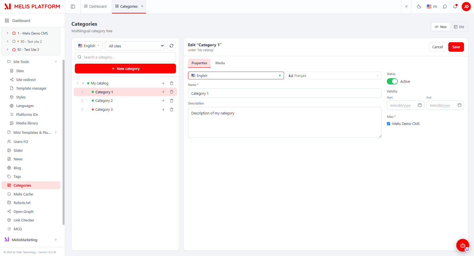 The React Categories tool — master-detail: category tree on the left, tabbed editor on the right, New/Old toggle top-right