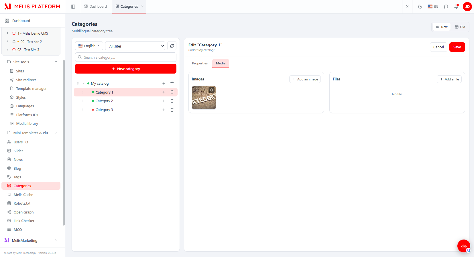 Category editor — Media tab: Images grid (+ Add an image) and Files list (+ Add a file)