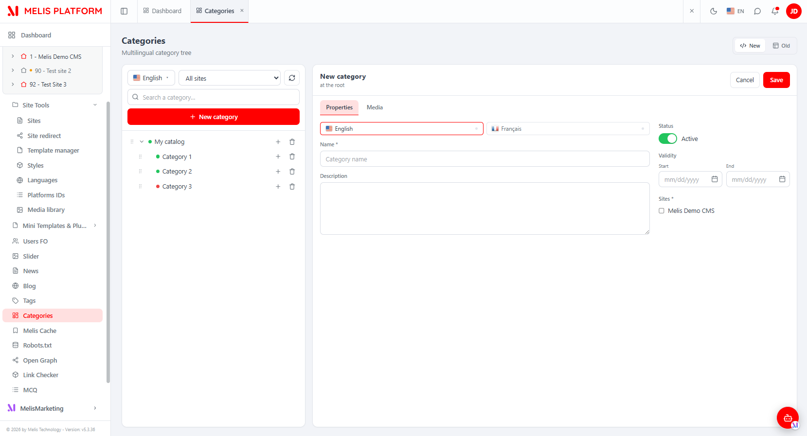 New category — Properties tab: language tabs, Name, Description, Status toggle, Validity dates, Sites
