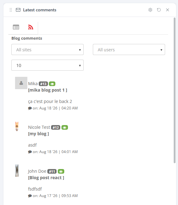 The React Dashboard Latest comments widget: a "Blog comments" tab with All sites, All users and limit selectors, then a list of recent comments (author + user id badge + green "shown" eye badge, the post title in brackets, the comment text, and "on: date")