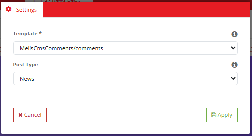 The Post comments plugin Settings modal: a Template select (MelisCmsComments/comments) and a Post Type select (News / Blog), with Cancel / Apply buttons; these settings are persisted into the page's plugin XML