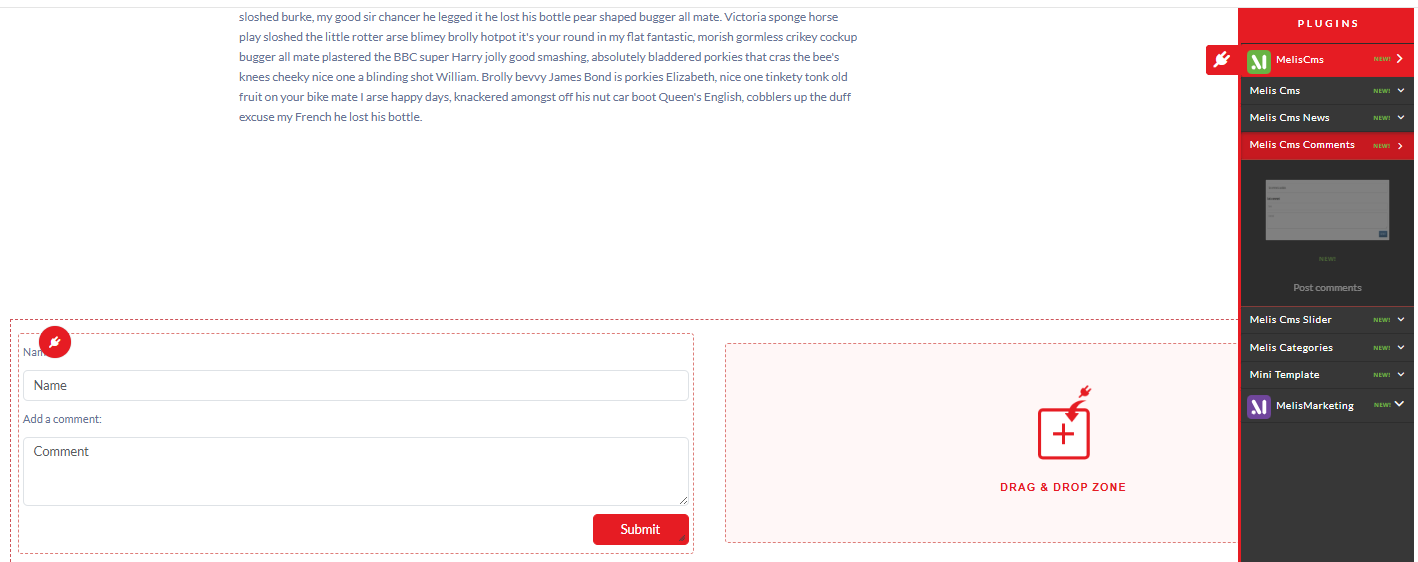The CMS page editor with the PLUGINS panel: the Melis Cms Comments group expanded to show the Post comments plugin dragged into a DRAG & DROP ZONE; the rendered front form shows a Name field, an "Add a comment:" box and a red Submit button