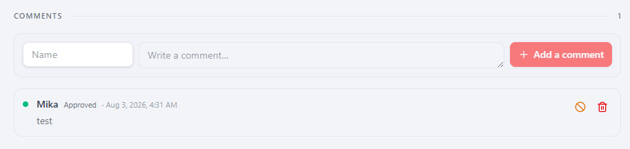 The React News editor's Comments tab: a COMMENTS panel with an inline Name field, a "Write a comment…" box and a red + Add a comment button, then a comment row with a status dot, the comment text and refuse/delete icon actions