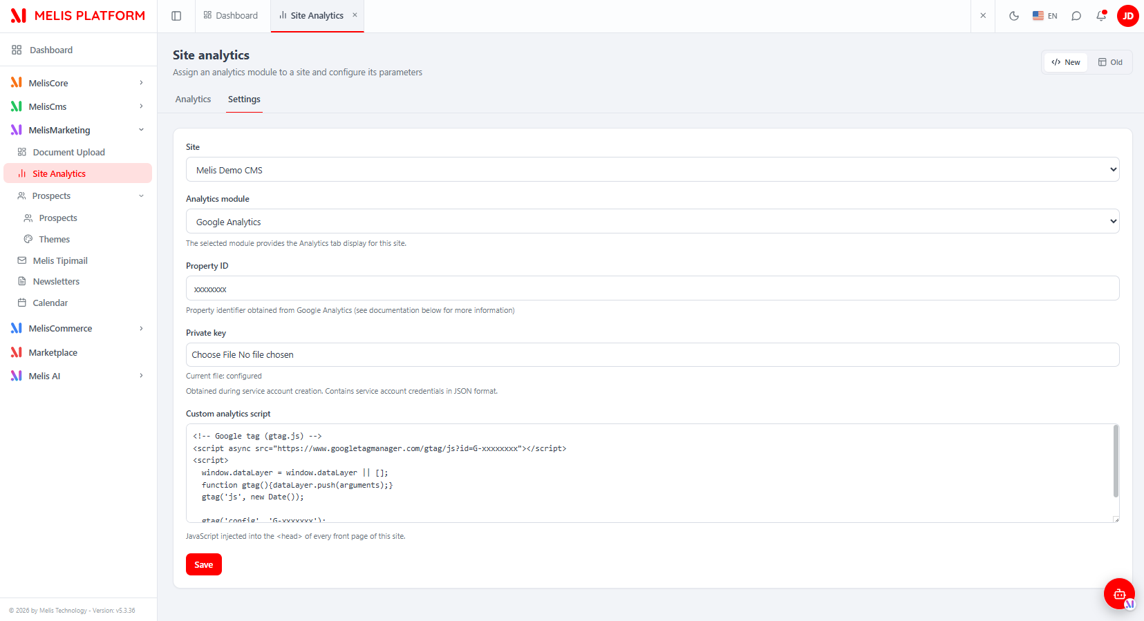 Site analytics Settings sub-tab — Analytics module set to Google Analytics, Property ID, private key JSON upload and custom analytics script