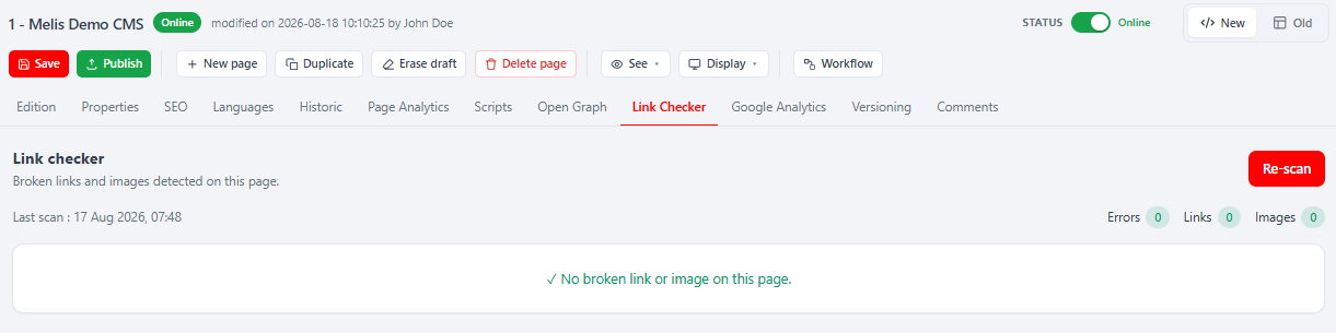 Link Checker tab in the React CMS page editor showing a page-scoped scan