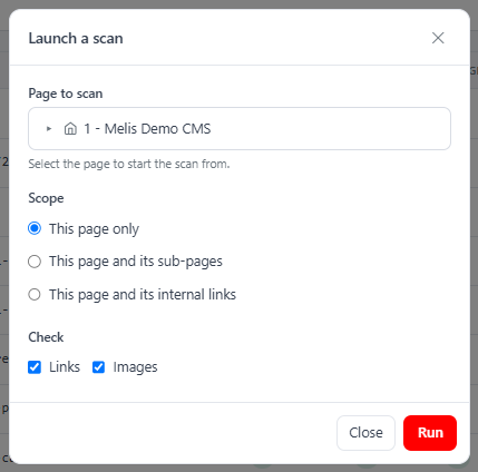 Launch a scan modal with page picker, scope radios and check checkboxes