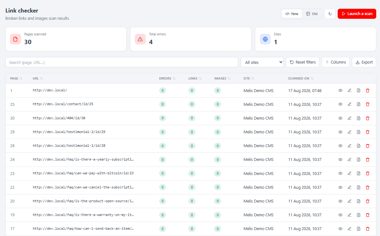 React Link tester tool showing KPI cards, filters and the results list