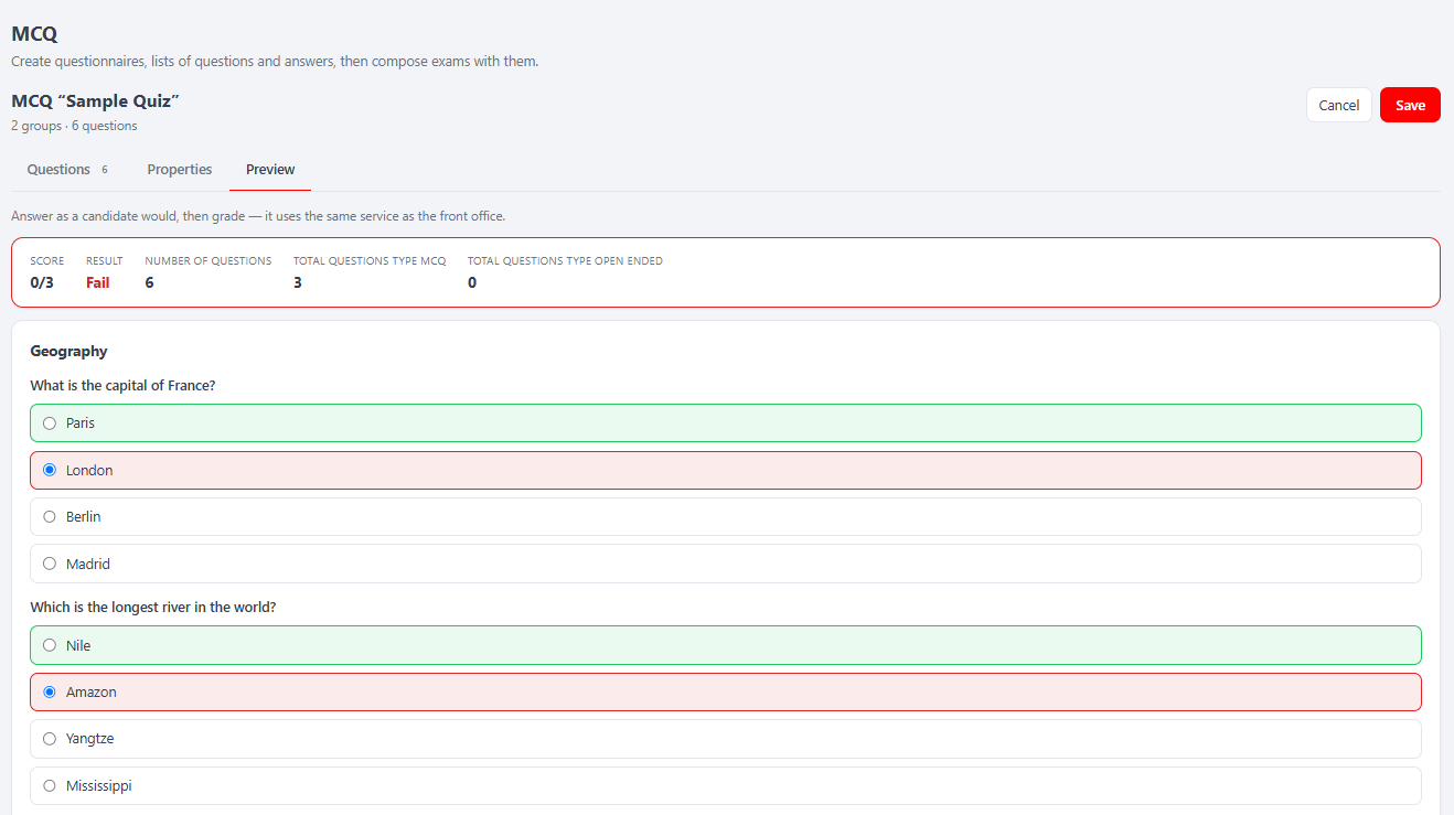 Preview correction — score, pass/fail and per-question user vs. correct answers.