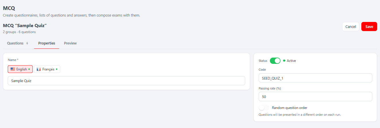 MCQ builder Properties — name, minimum score required (%), random-order toggle.