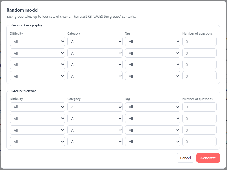 The Random Model modal — auto-select questions per group by criteria.
