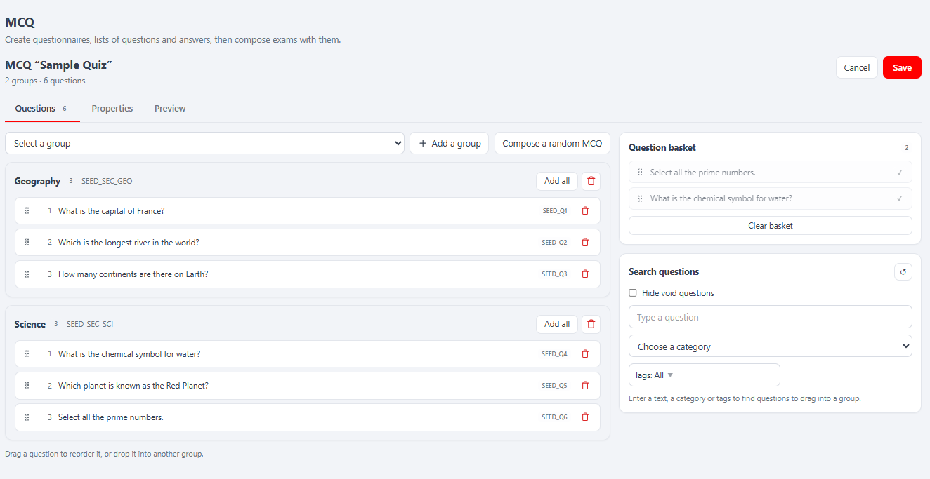 MCQ builder composition — groups with their questions, plus the Favorites / Search panels.