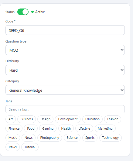 Question editor — Properties (Type, Category, Tags, Difficulty, Status).