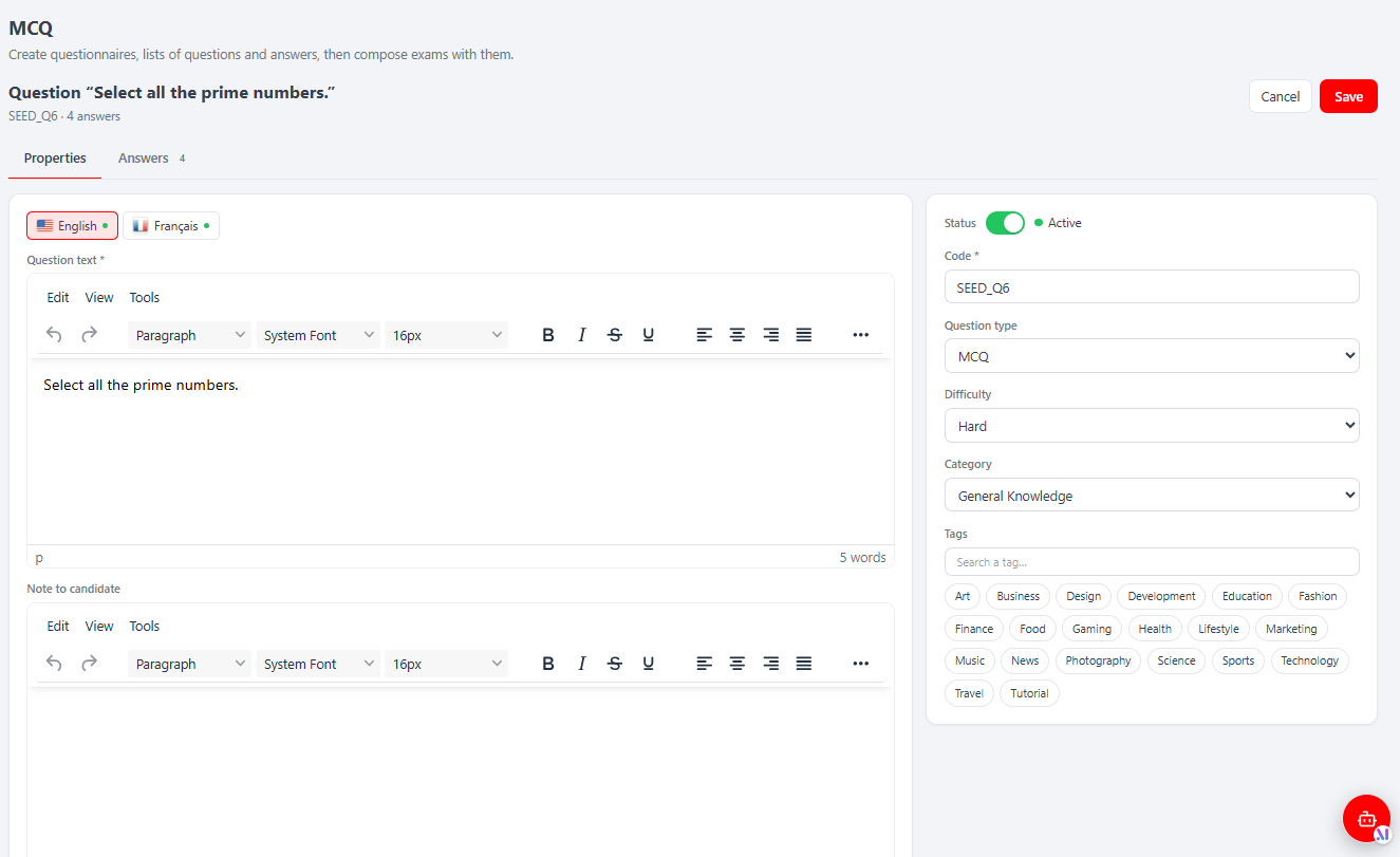 Question editor — per-language texts and the answers list (correct-answer toggle).