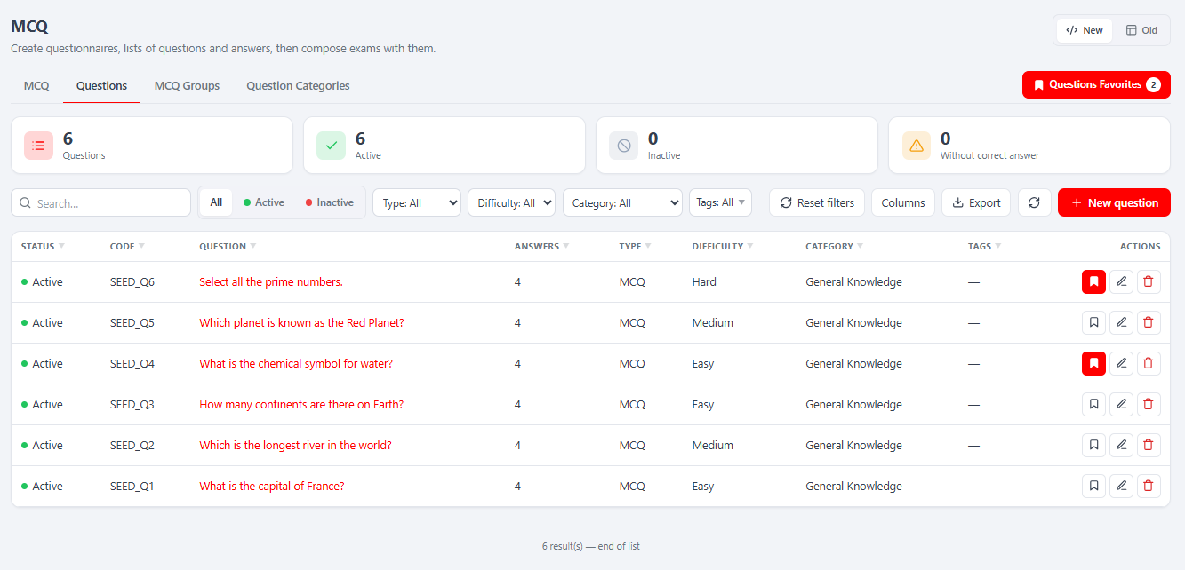 The Questions tab (React): filterable question list, with the basket bookmark action.