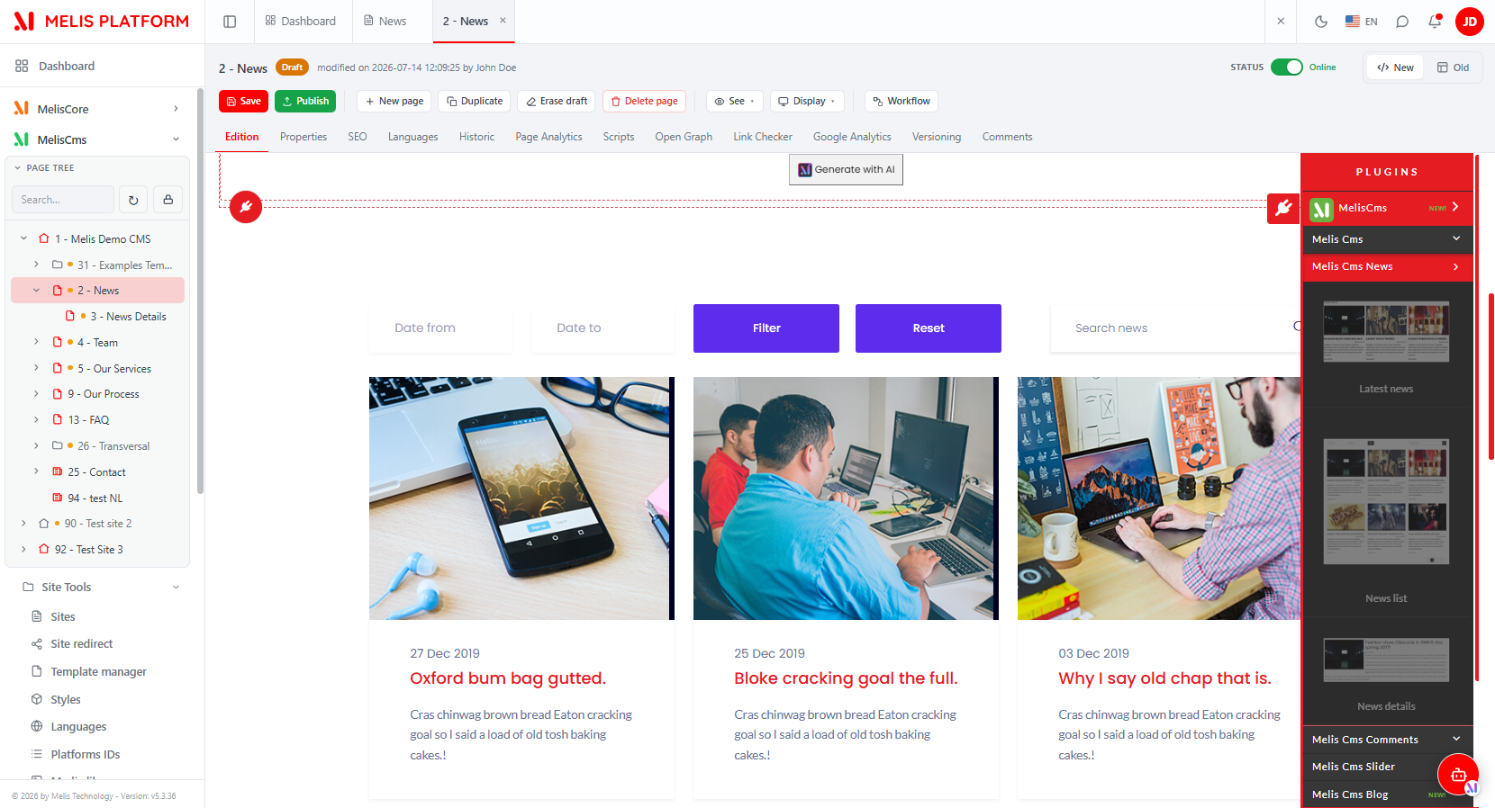 The React page editor with the plugins panel open — the News content blocks ready to drop onto the page