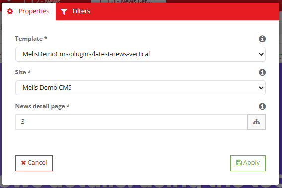Latest News plugin → Properties — Template, Site and News detail page (with a page-tree picker)