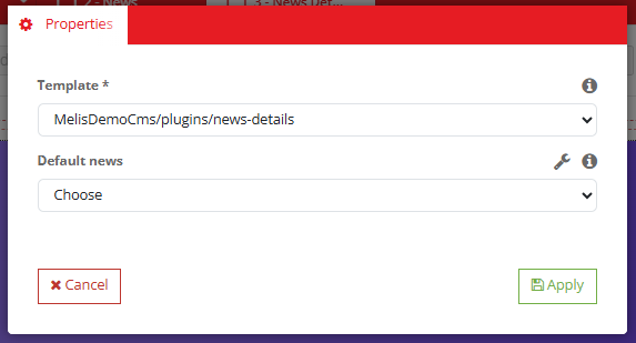 News Detail plugin → Properties — Template (news-details) and a Default news selector with a shortcut to the News tool