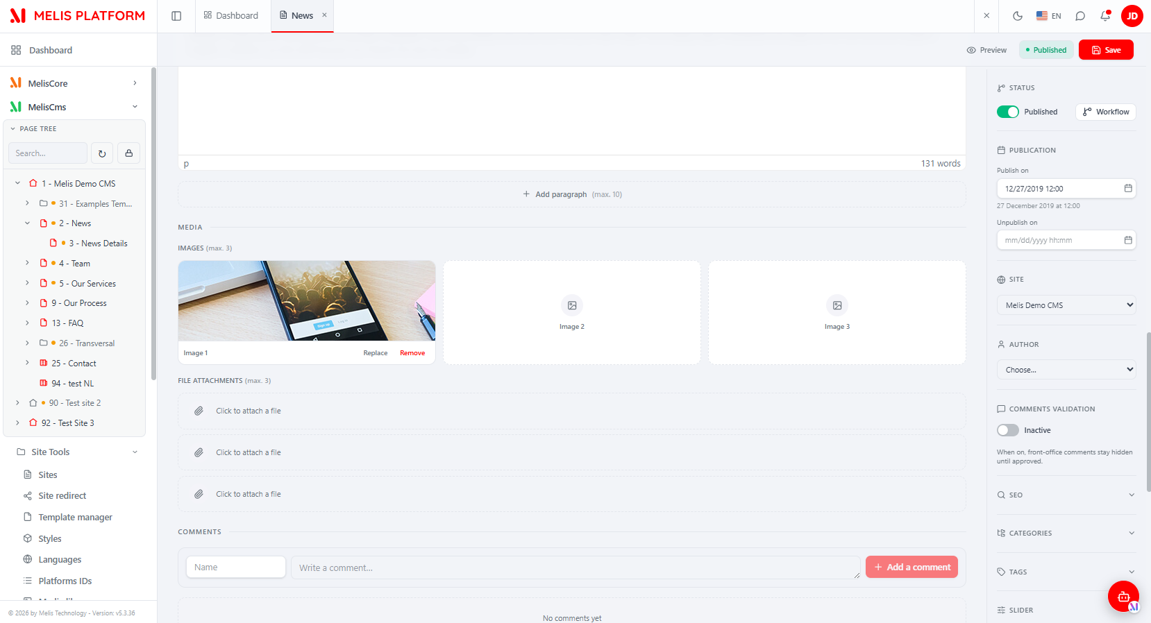 The Media area — Images (max. 3, with Replace/Remove) and File attachments (max. 3), plus the native Comments moderation panel when MelisCmsComments is active