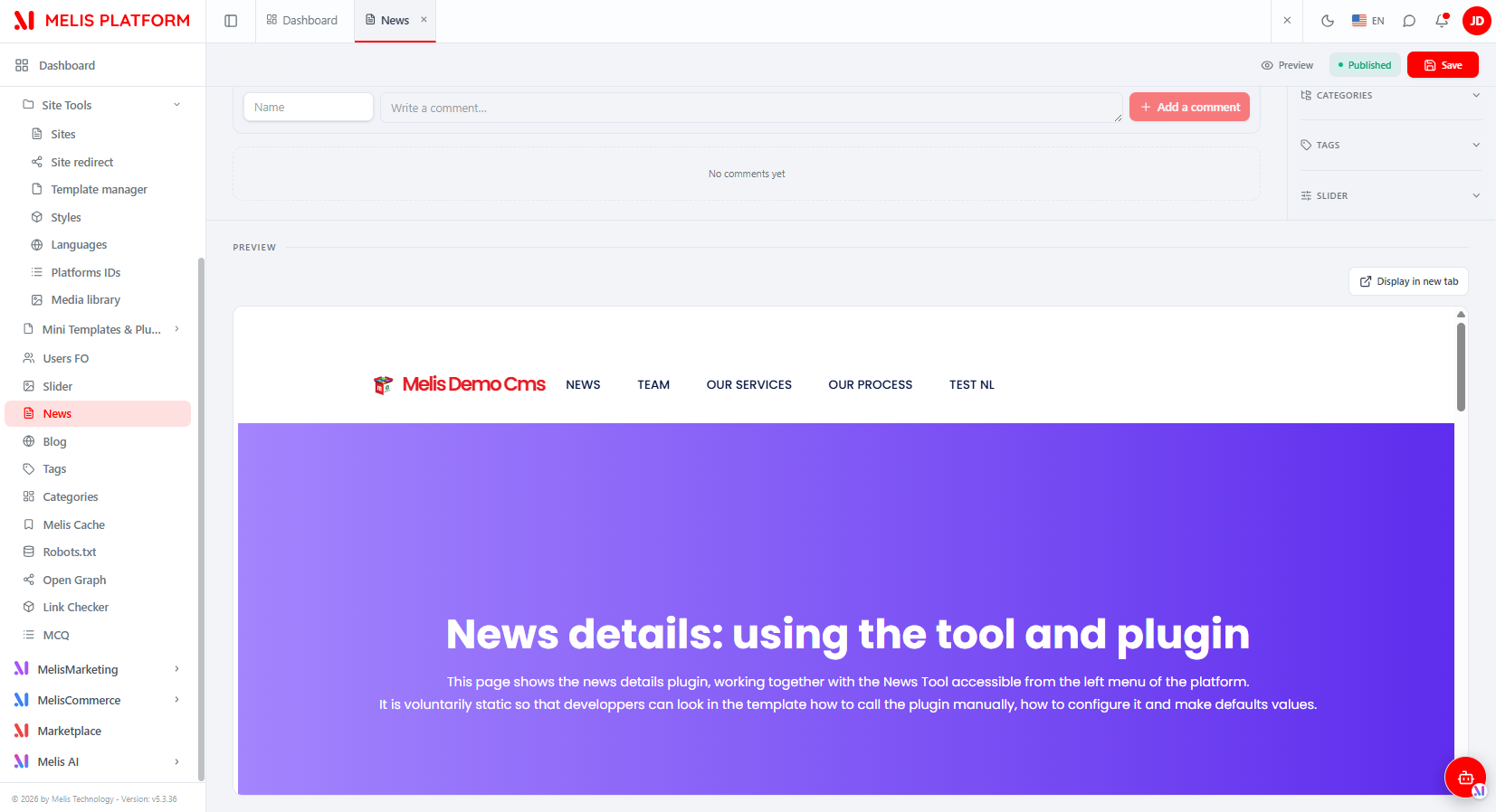 The Preview area — the saved article rendered inside its NEWS_DETAIL page, with a "Display in new tab" button