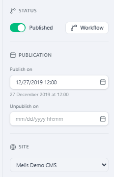The top of the settings sidebar — the Published toggle with Workflow, the Publish on / Unpublish on dates, and the Site selector