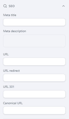 The SEO section — Meta title, Meta description, URL, URL redirect, URL 301 and Canonical URL, per language