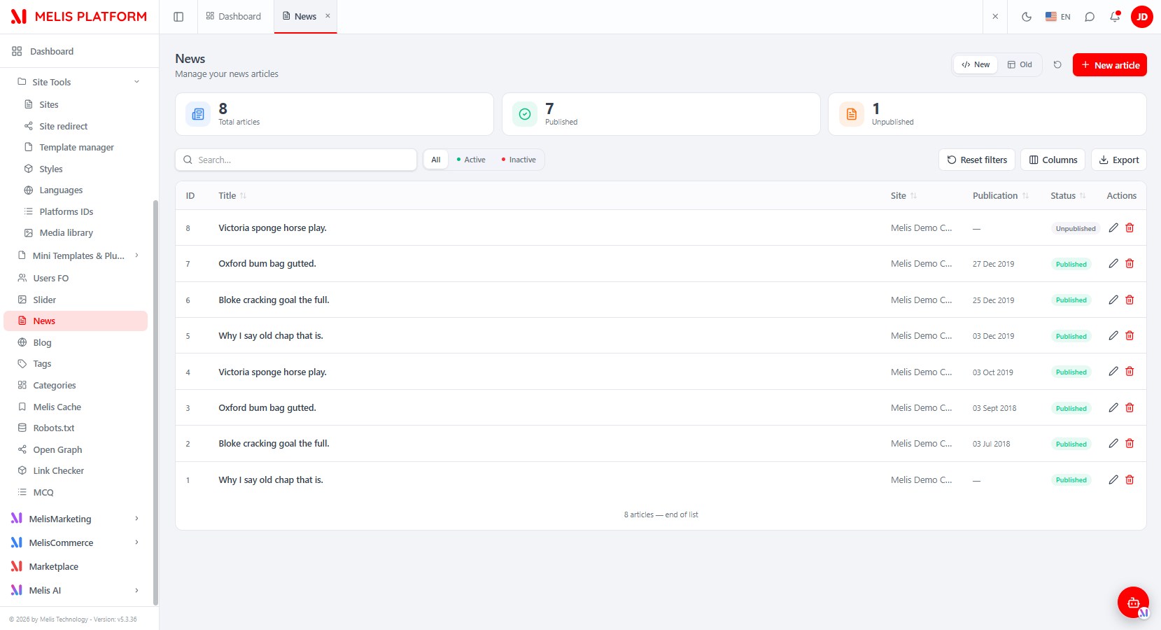 The React News list — KPI cards (Total articles / Published / Unpublished), a search box with All / Active / Inactive filters, a Columns manager, an Export button, the New/Old toggle and the "+ New article" button, with per-row edit and delete actions
