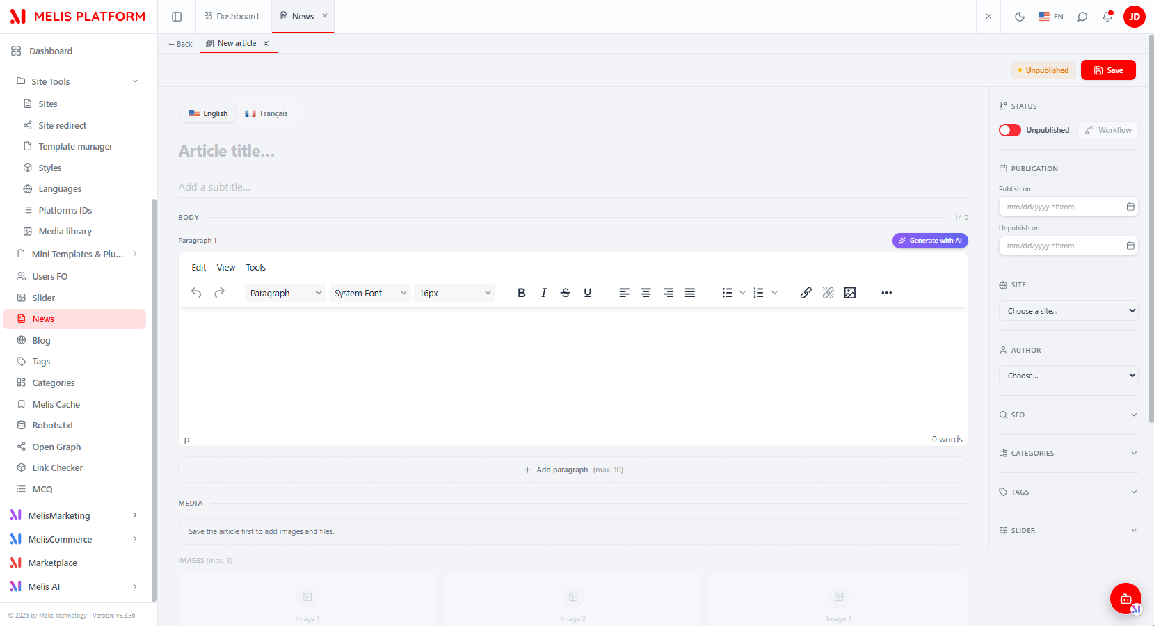 The new-article editor — a language switcher, the Title and Subtitle fields, the BODY with a WYSIWYG paragraph editor and "Generate with AI", a locked MEDIA area, and the settings sidebar (Status, Publication, Site, Author, SEO, Categories, Tags, Slider)