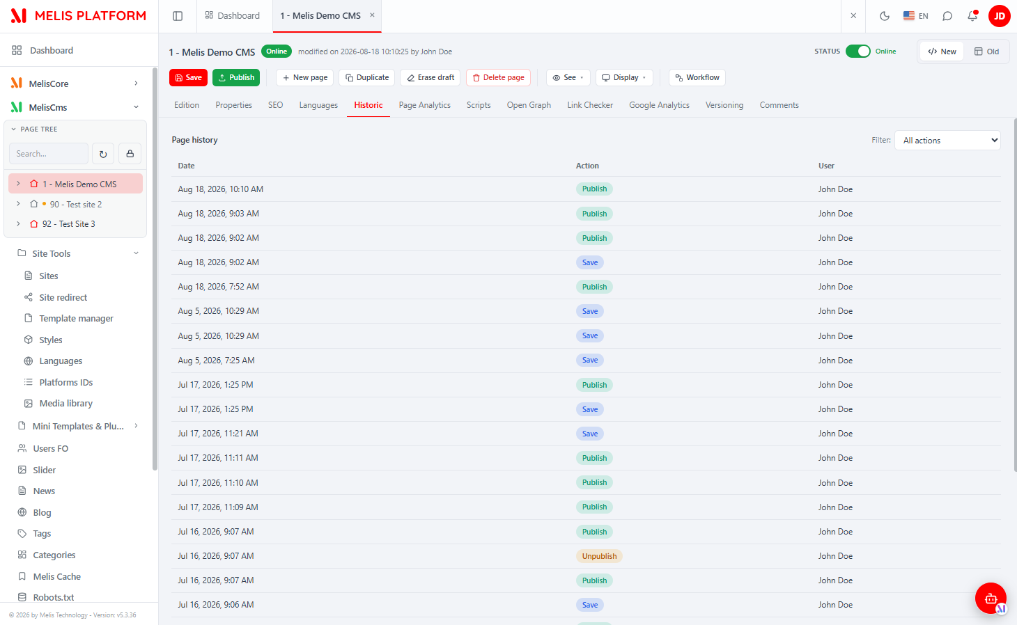 Historic tab in the React CMS page editor showing the page history table with Date, Action badges and User columns plus an action filter